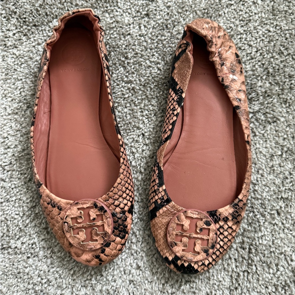 Tory Burch Coral Snakeskin Flats